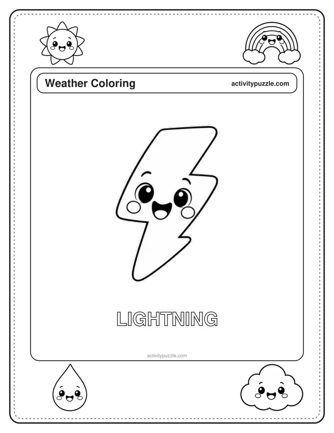 Lightning Bolt coloring page for kids: a zigzag lightning bolt with a cheerful face, with the word LIGHTNING in outline letters