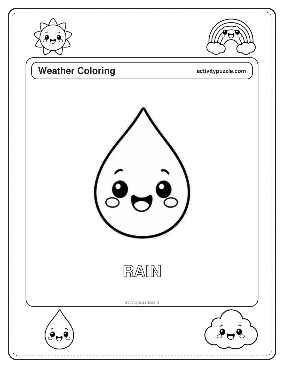 Raindrop coloring page for kids: a single raindrop with a sweet smile, with the word RAIN in outline letters