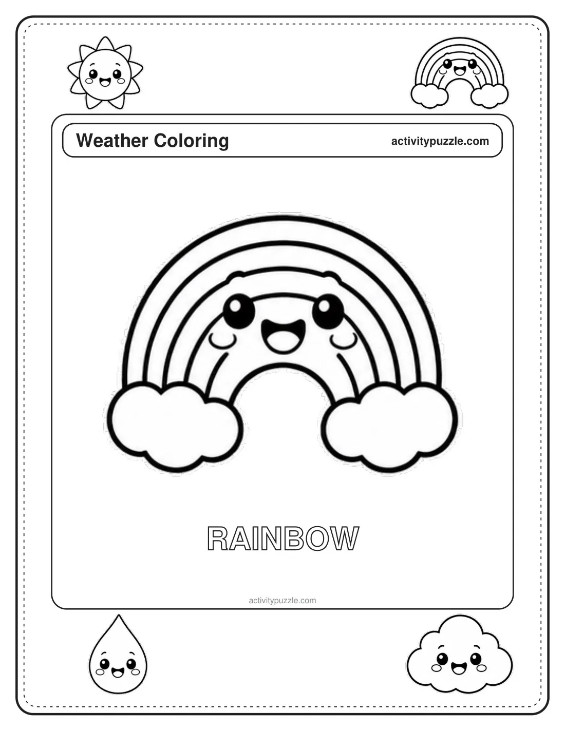 Rainbow coloring page for kids: a rainbow arching over two little clouds, with the word RAINBOW in outline letters