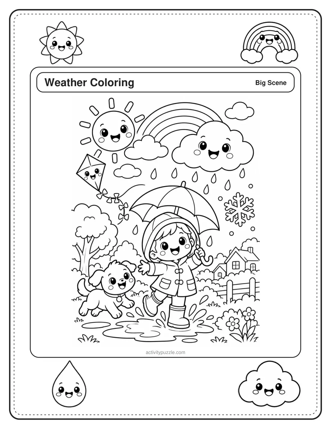 Weather Scene coloring page for kids: a full-page scene with sun, rain, a rainbow, a kite and a child with an umbrella
