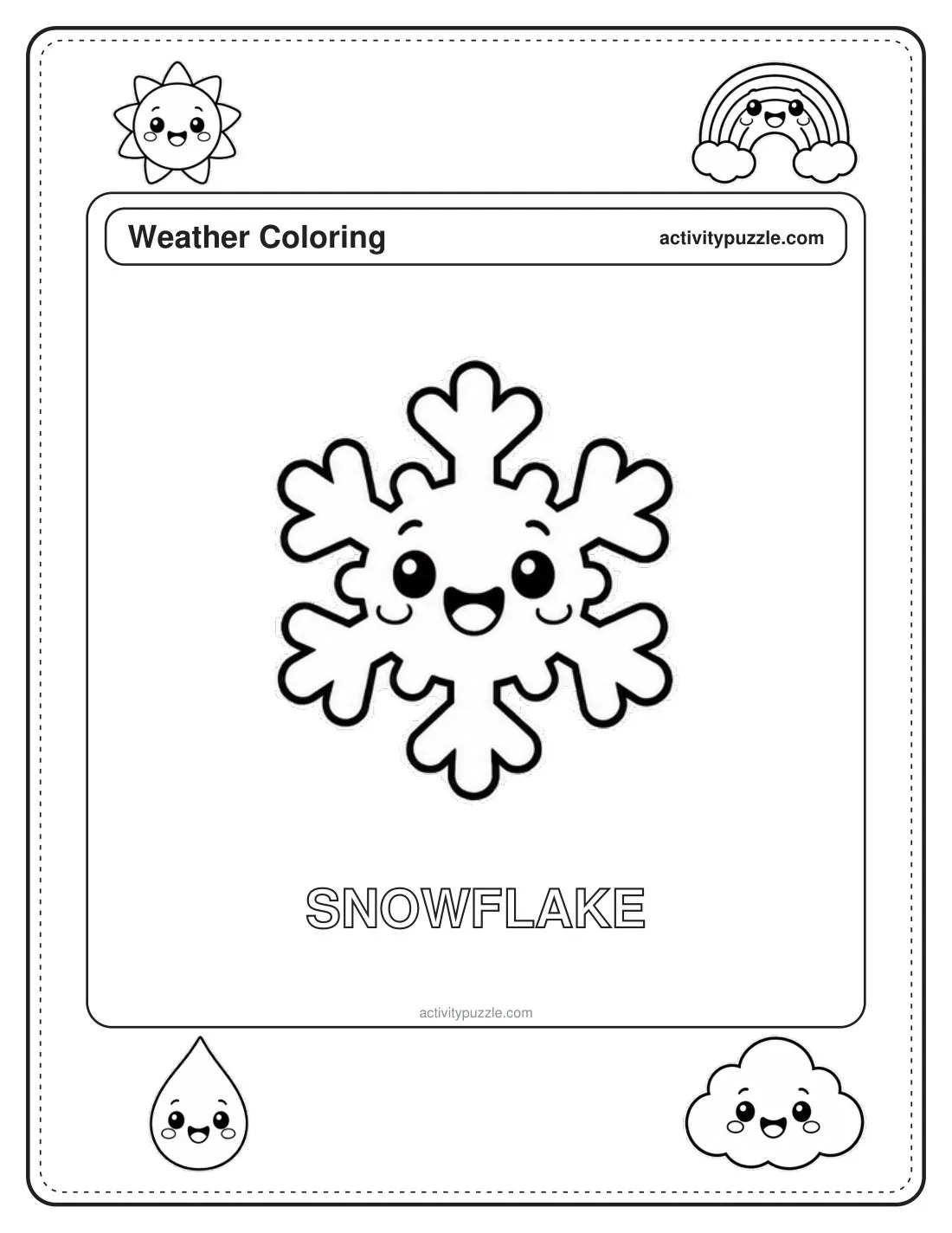 Snowflake coloring page for kids: a six-pointed snowflake with a smiling face, with the word SNOWFLAKE in outline letters
