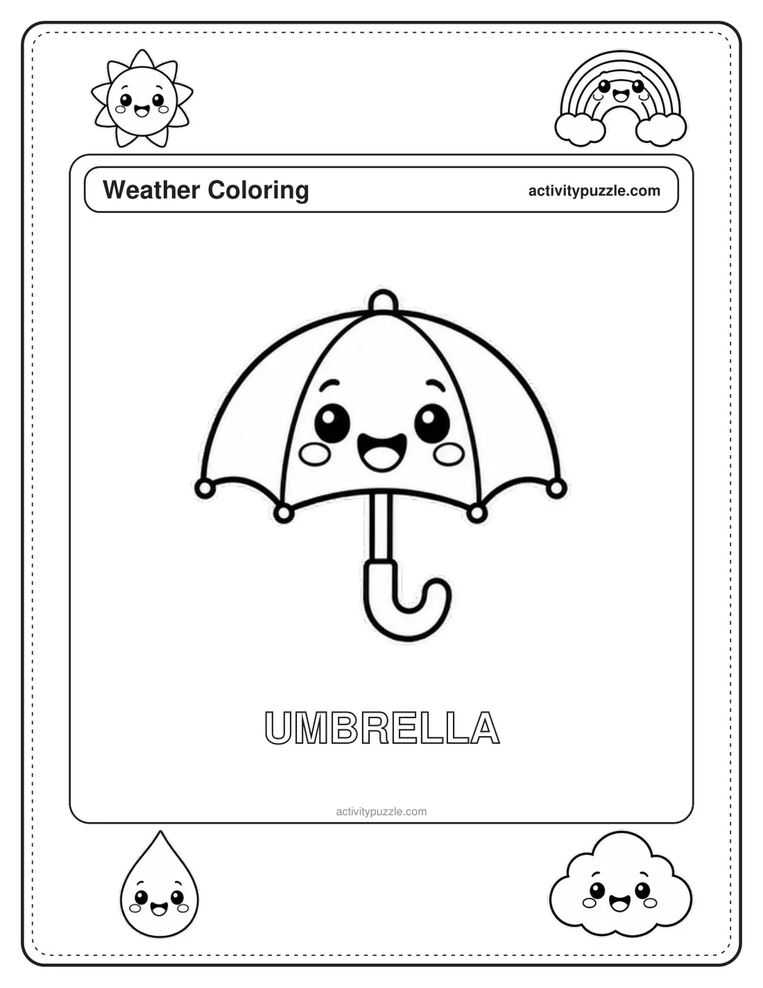 Umbrella coloring page for kids: an open umbrella with a curved handle and a smile, with the word UMBRELLA in outline letters