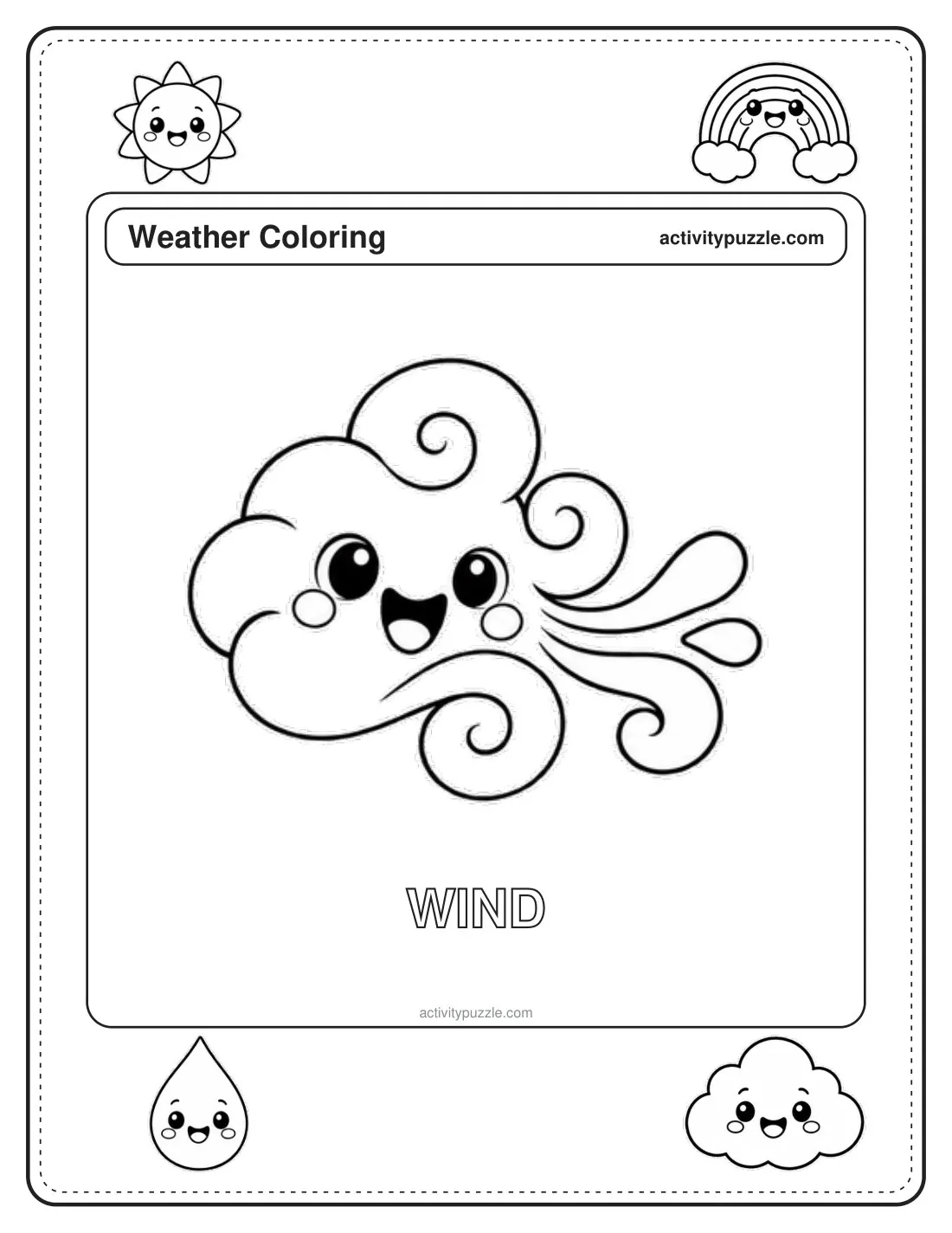 Windy Day coloring page for kids: a puffing cloud blowing swirls of wind, with the word WIND in outline letters