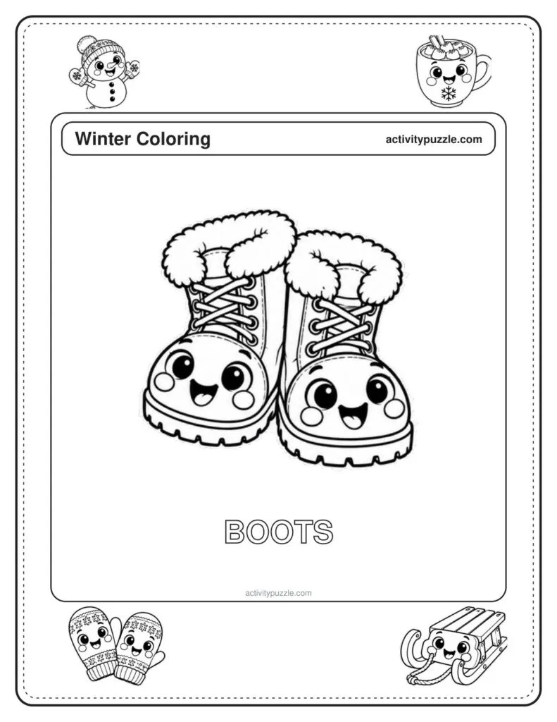 Snow Boots coloring page for kids: a pair of warm snow boots with fur tops, with the word BOOTS in outline letters