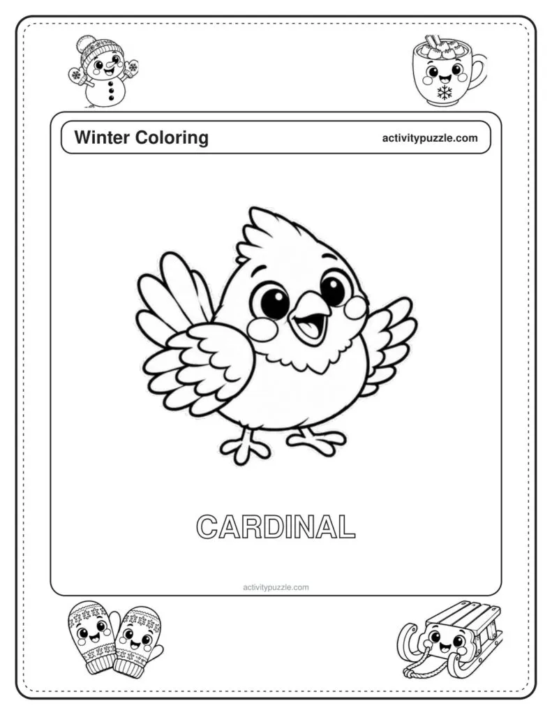 Cardinal coloring page for kids: a cardinal bird with a crest, flapping its wings, with the word CARDINAL in outline letters