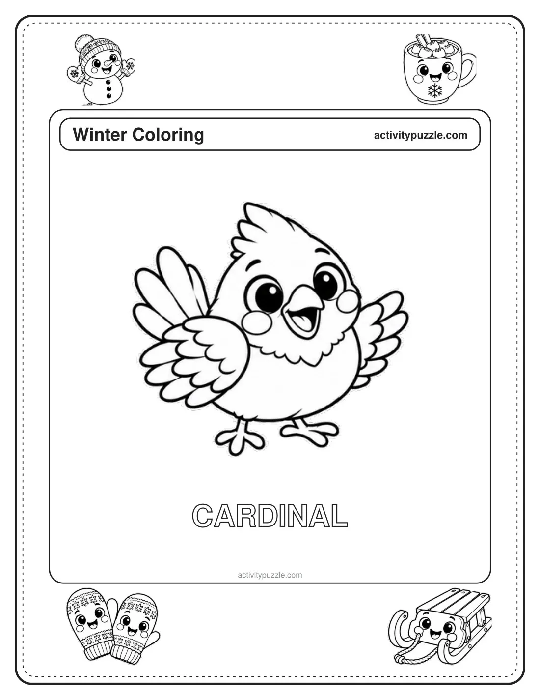 Cardinal coloring page for kids: a cardinal bird with a crest, flapping its wings, with the word CARDINAL in outline letters