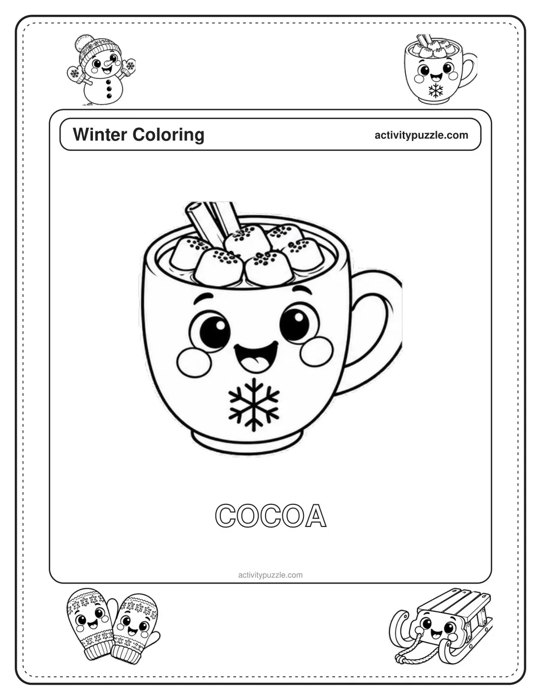 Hot Cocoa coloring page for kids: a mug of hot cocoa with marshmallows and a snowflake on the cup, with the word COCOA in outline letters