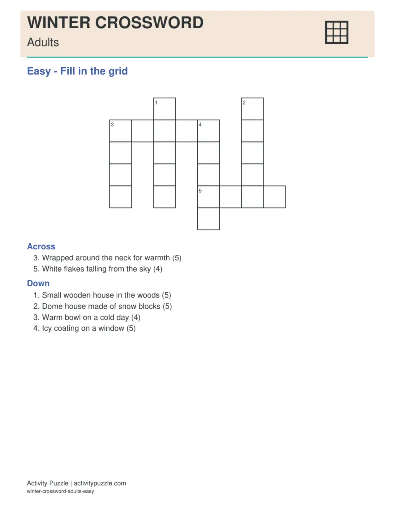 Winter Crossword Puzzles for Adults – printable PDF cover