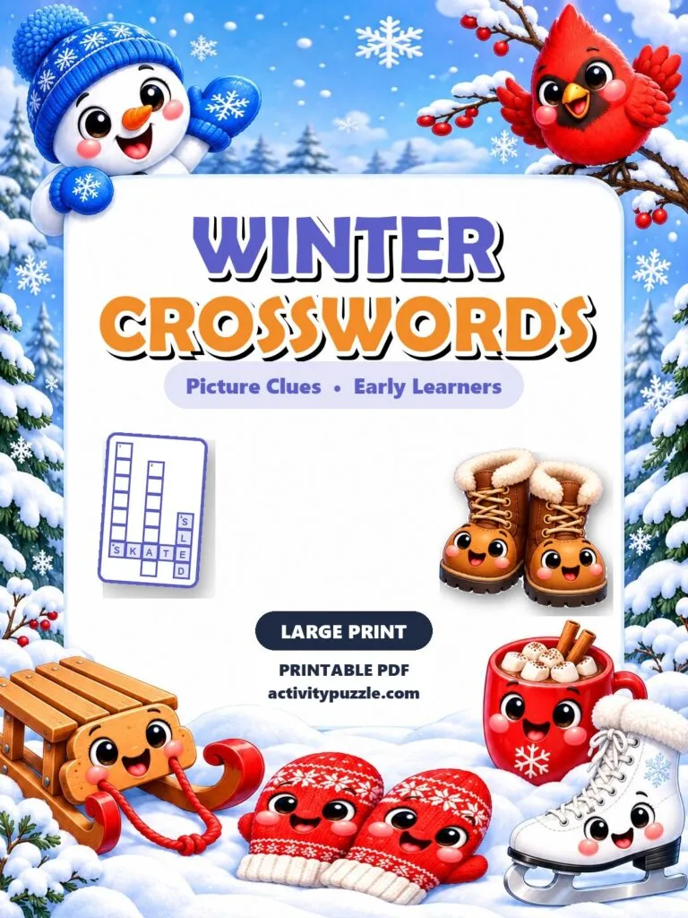 Winter Picture Crosswords Large Print (Early Learners) – printable PDF cover