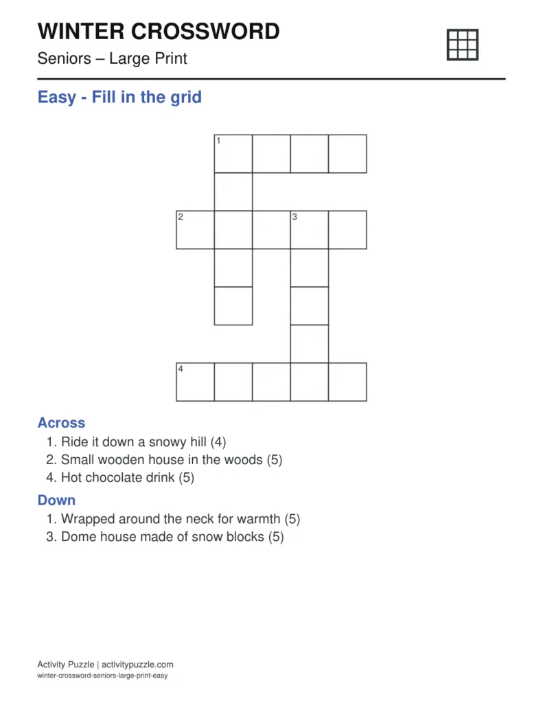 Winter Crossword Puzzles Large Print for Seniors – printable PDF cover