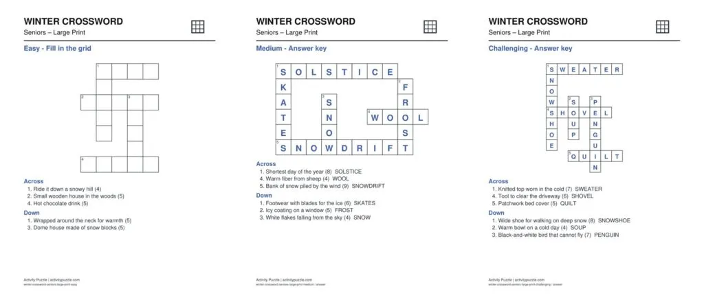Winter Crossword Puzzles Large Print for Seniors – preview of the pages inside