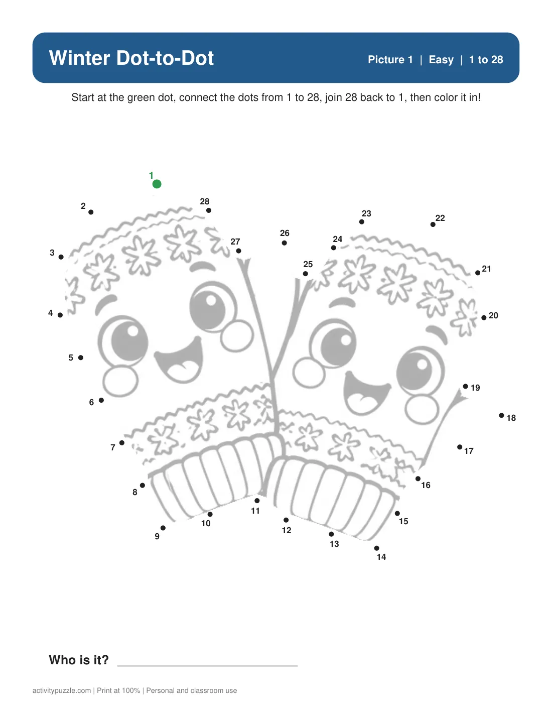 Winter dot to dot page: numbered dots around a pair of mittens with faces drawn in light grey