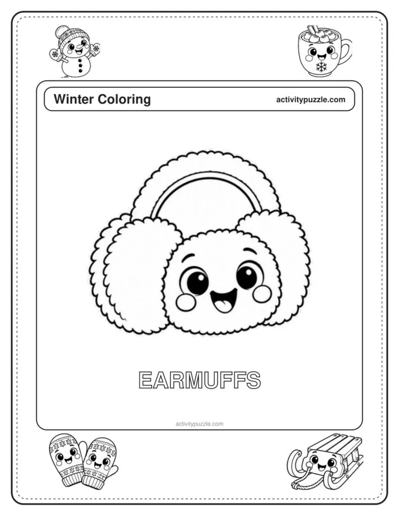 Earmuffs coloring page for kids: fluffy earmuffs on a band, with happy faces, with the word EARMUFFS in outline letters