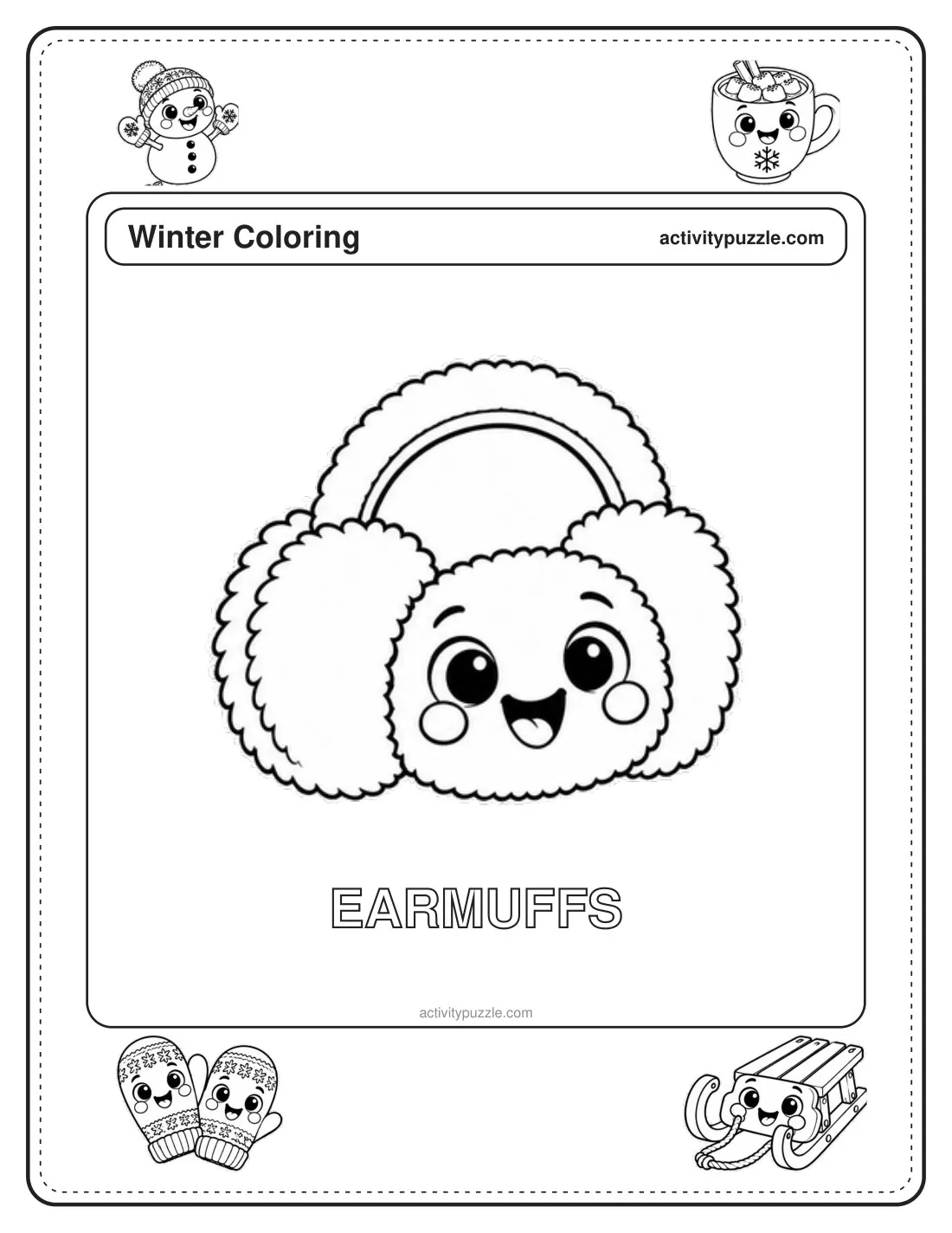 Earmuffs coloring page for kids: fluffy earmuffs on a band, with happy faces, with the word EARMUFFS in outline letters