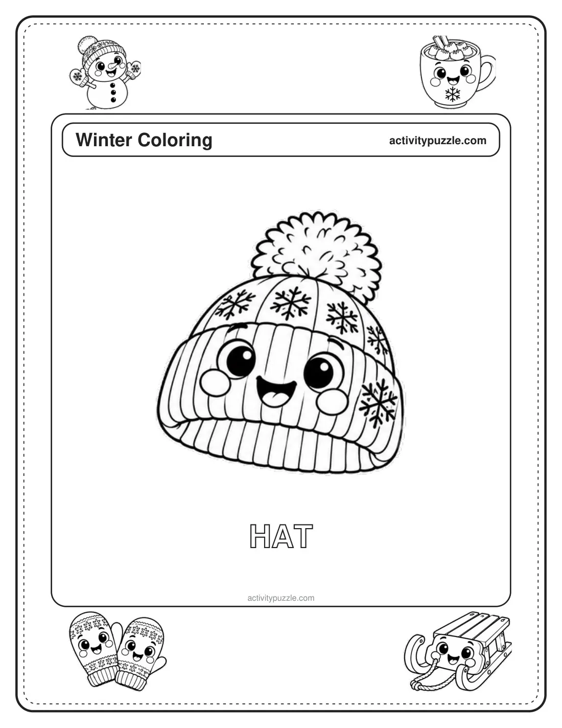 Winter Hat coloring page for kids: a knitted winter hat with a pompom and a snowflake pattern, with the word HAT in outline letters