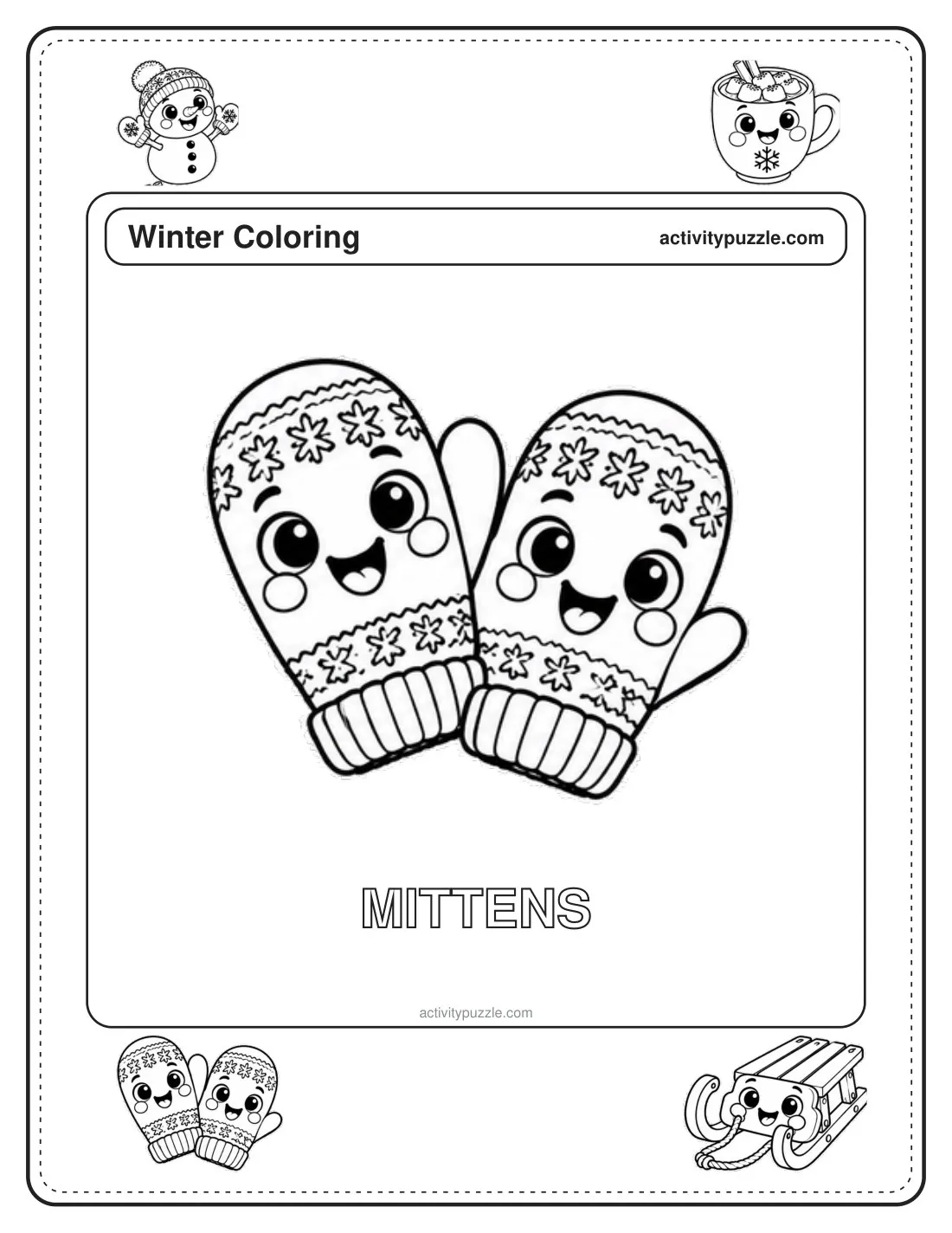 Mittens coloring page for kids: a pair of patterned mittens, each with a happy face, with the word MITTENS in outline letters