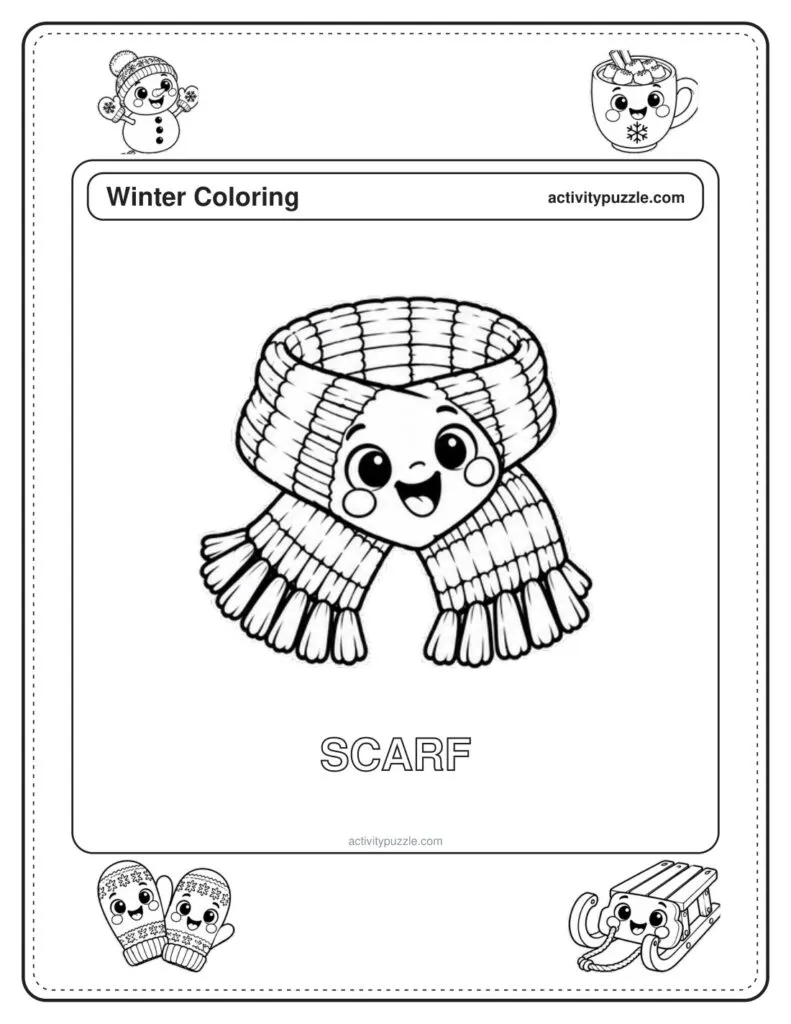 Scarf coloring page for kids: a striped knitted scarf with fringes, smiling, with the word SCARF in outline letters