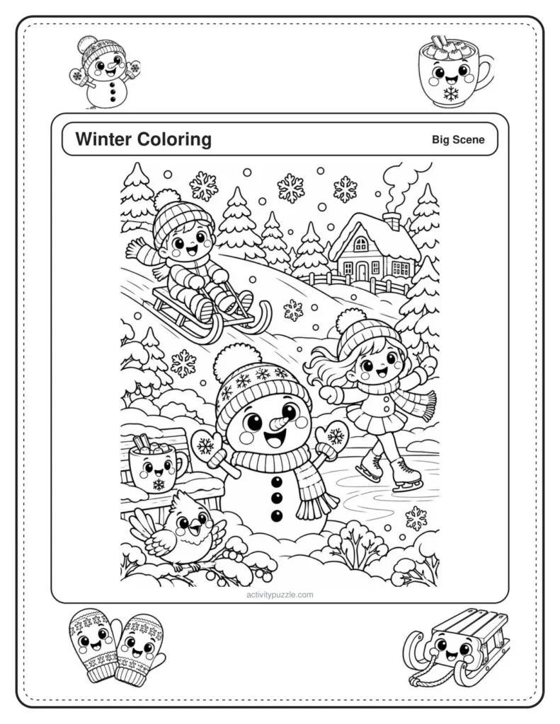 Winter Scene coloring page for kids: a full-page snowy scene with kids sledding and skating and a snowman