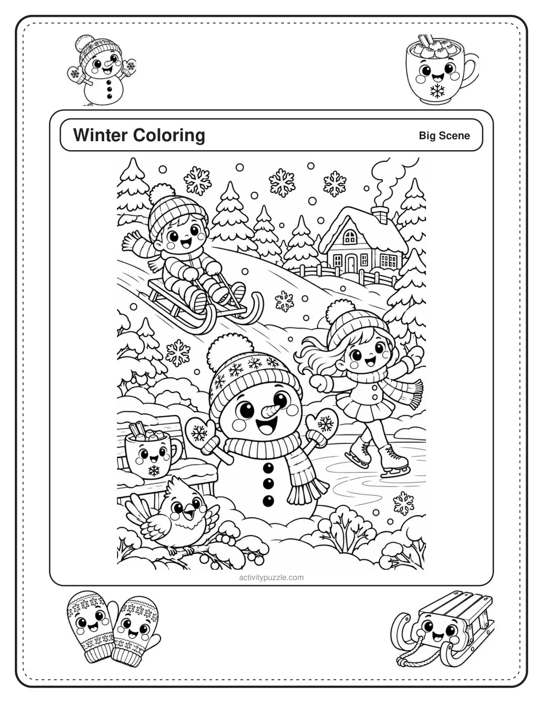 Winter Scene coloring page for kids: a full-page snowy scene with kids sledding and skating and a snowman