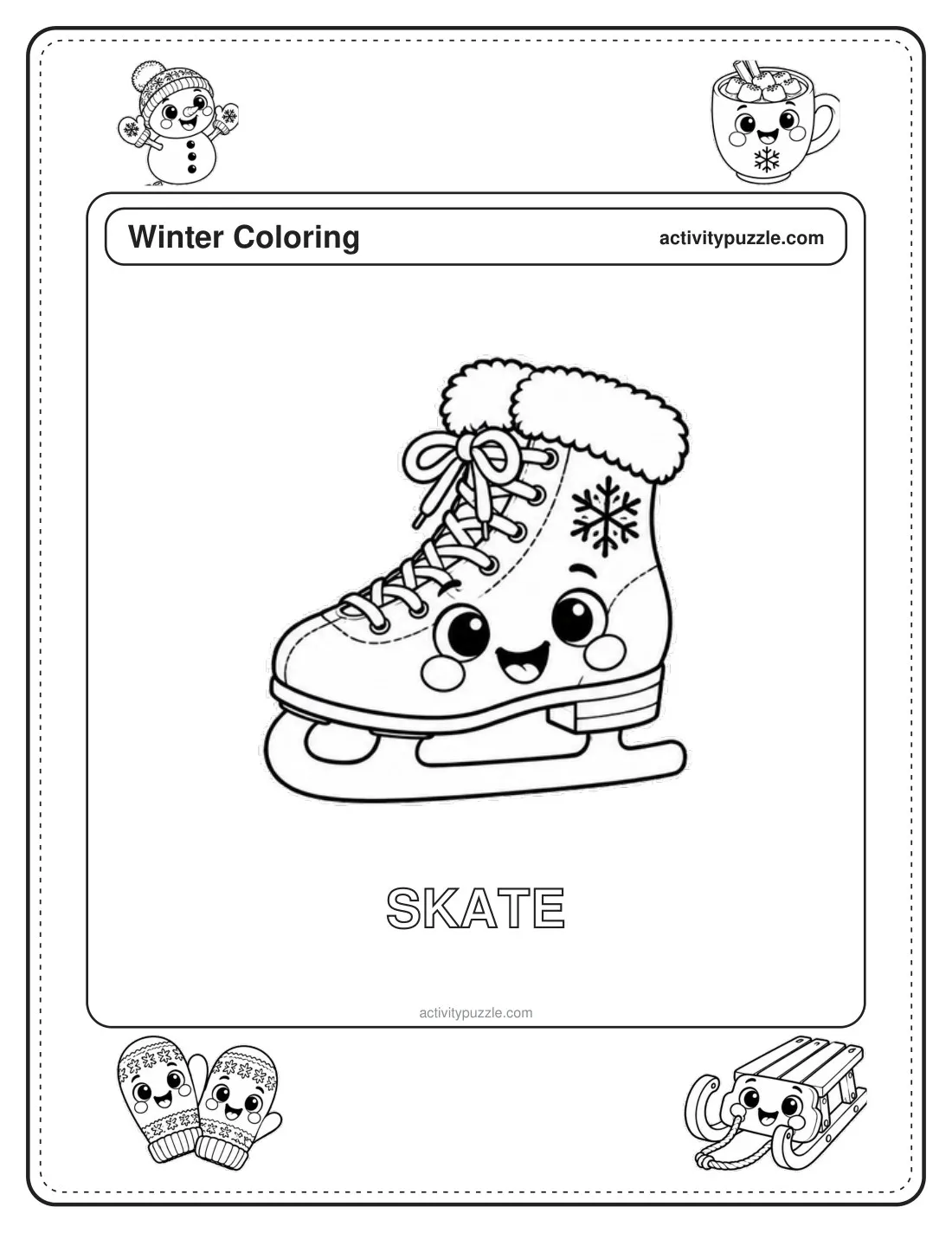 Ice Skate coloring page for kids: an ice skate with laces and a shiny blade, with the word SKATE in outline letters