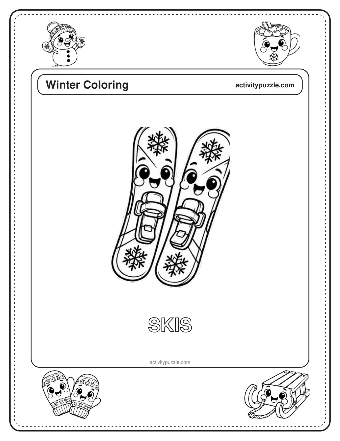 Skis coloring page for kids: a pair of skis standing up, with smiling faces, with the word SKIS in outline letters