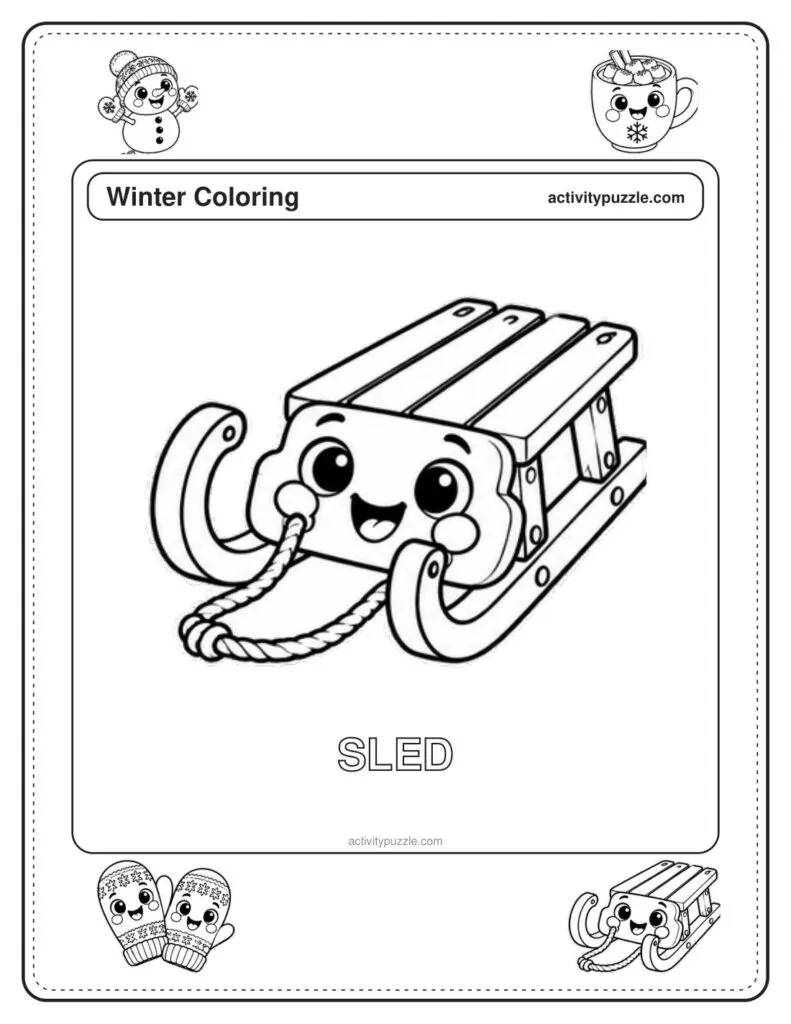 Wooden Sled coloring page for kids: a wooden sled with curved runners and a smiling face, with the word SLED in outline letters