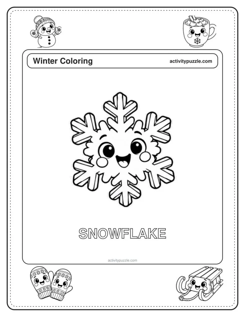 Winter Snowflake coloring page for kids: a big snowflake with six arms and a smile, with the word SNOWFLAKE in outline letters