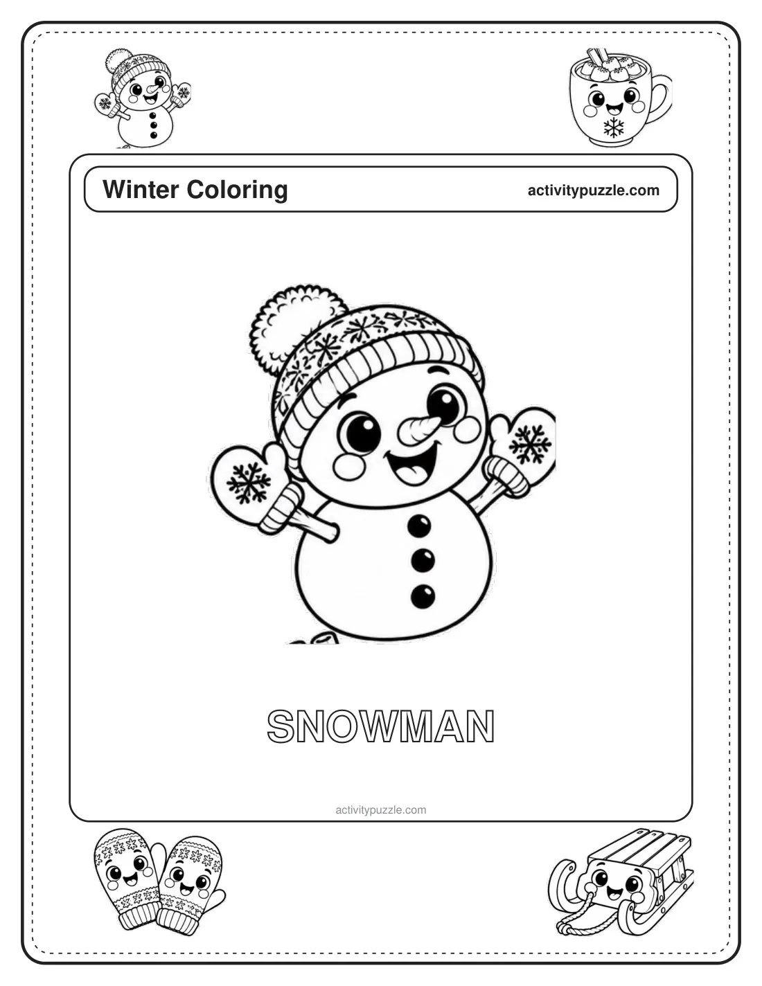 Snowman coloring page for kids: a snowman in a knitted hat and scarf, waving one hand, with the word SNOWMAN in outline letters