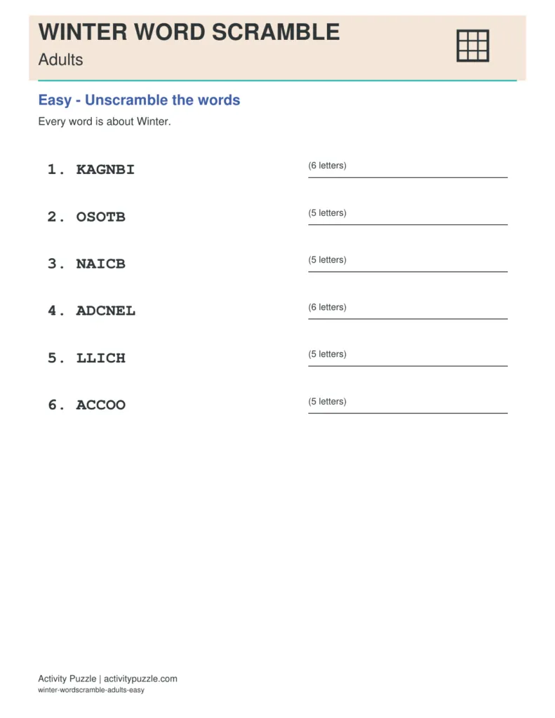 Winter Word Scramble for Adults – printable PDF cover