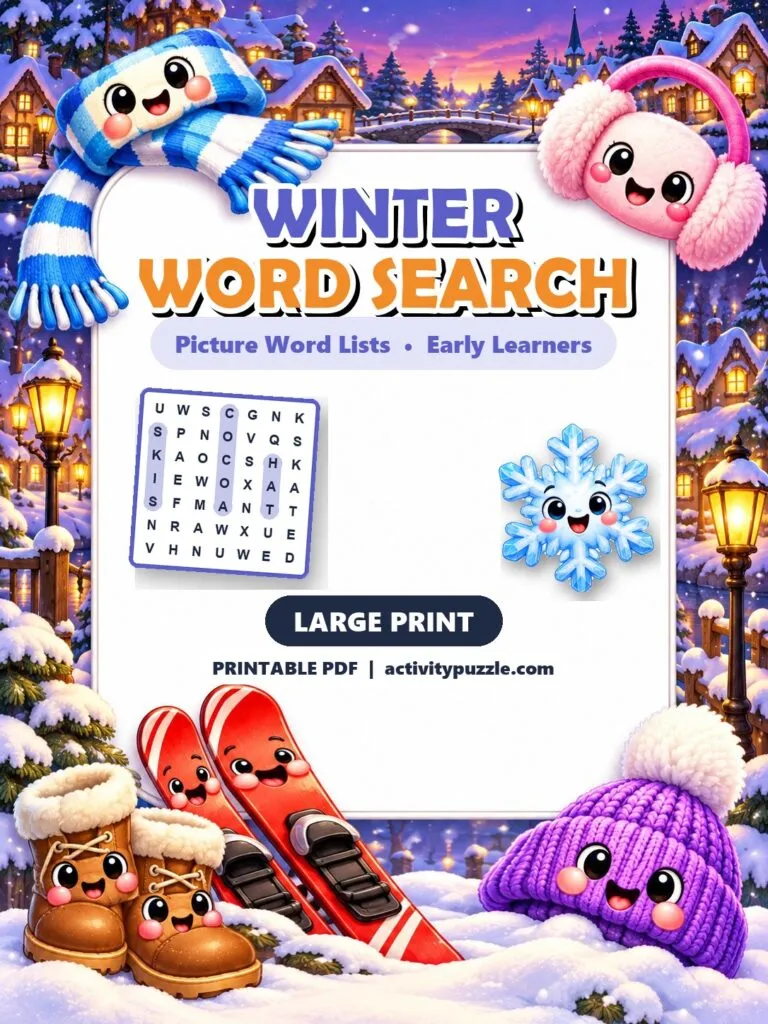 Winter Picture Word Search Large Print (Early Learners) – printable PDF cover
