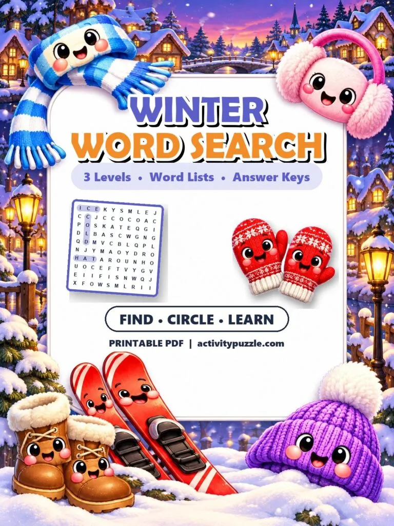 Winter Word Search Puzzles (Grades 2-4) – printable PDF cover