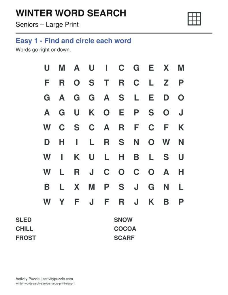 Winter Word Search Large Print for Seniors – printable PDF cover