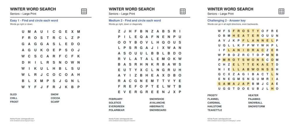 Winter Word Search Large Print for Seniors – preview of the pages inside