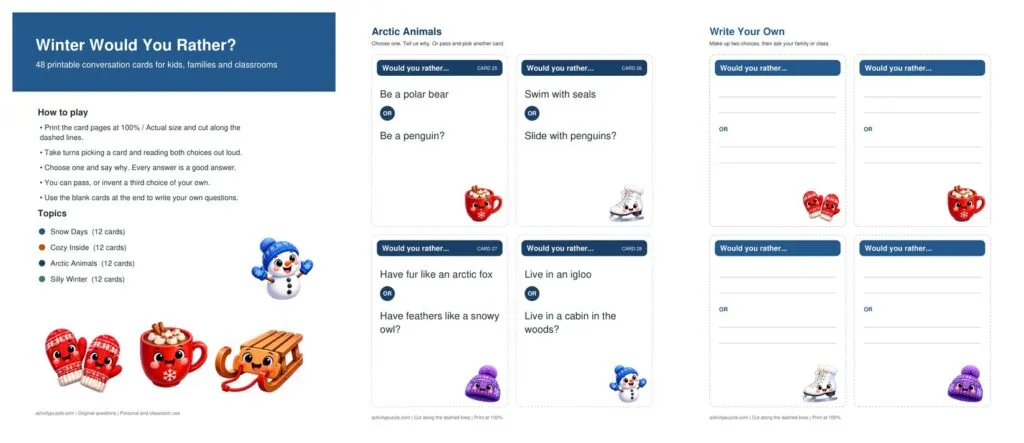 Preview of the winter would you rather cards: the how to play page, a page of snow day cards and the write your own page
