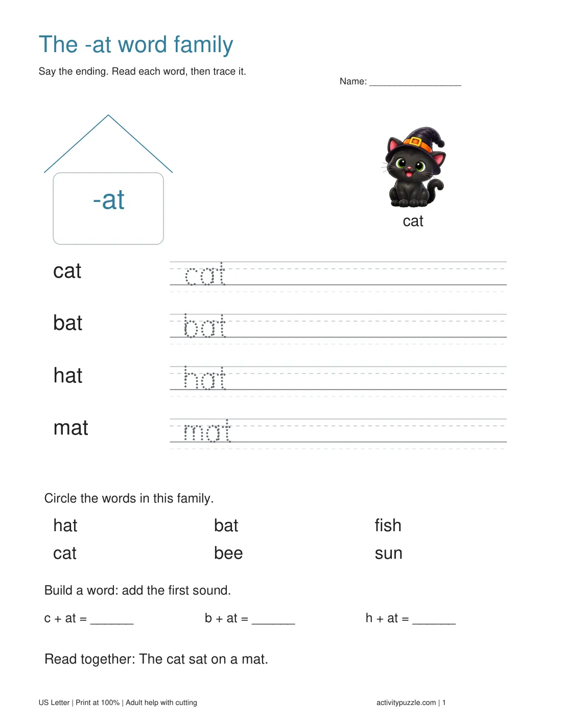Cat-themed at word family worksheet with a word house, four tracing words and matching-word practice