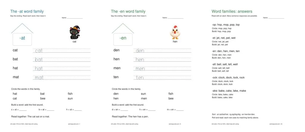 Word family worksheet previews with word houses, tracing, cut and sort and roll and read